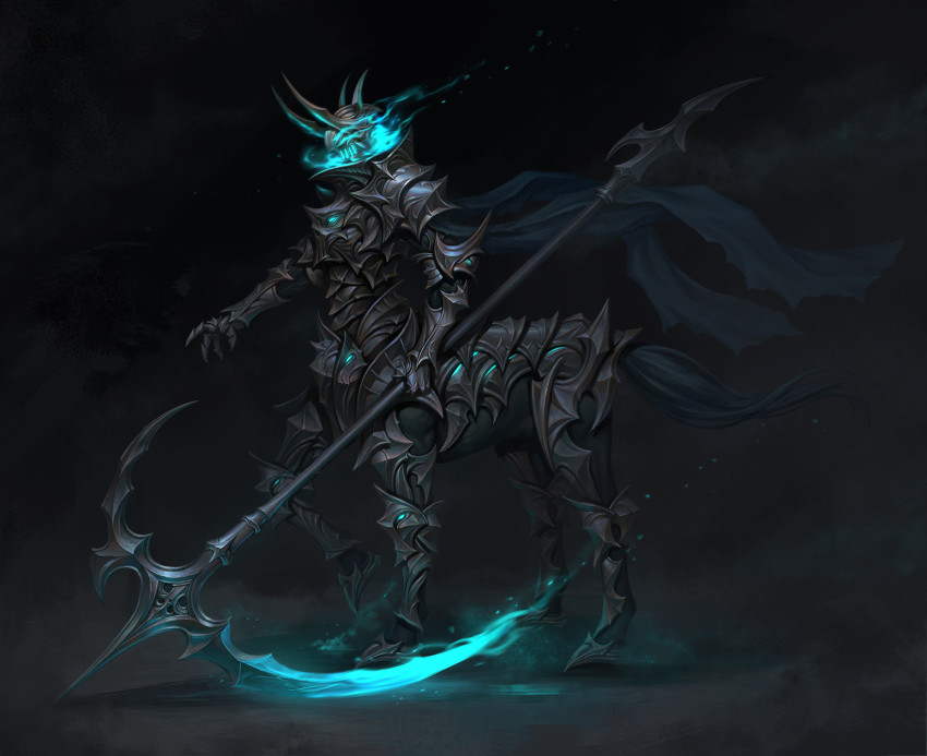 1boy, armor, centaur, centaur_knight, cheolseung_ok, creature, dark_knight, fog, full_armor, gauntlets, glowing, glowing_weapon, greaves, helmet, highres, holding, holding_scythe, holding_weapon, male_focus, monster, original, scythe, solo, standing, tail, taur, vambraces, weapon