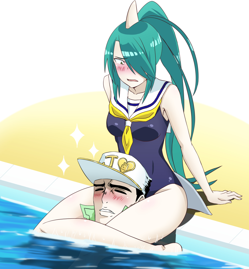 1boy, 1girl, bando_ruka, black_hair, blush, crossed_arms, crossover, diamond_wa_kudakenai, dolphin_fin, dolphin_girl, closed_eyes, fins, green_hair, jojo_no_kimyou_na_bouken, kuujou_joutarou, long_hair, murenase!_shiiton_gakuen, nose_blush, partially_submerged, ponytail, poolside, scissorhold, shiiton_gakuen_school_uniform_(sea_branch), swimsuit, tanny_v, thighs, very_long_hair, wet, white_headwear, yaranaika