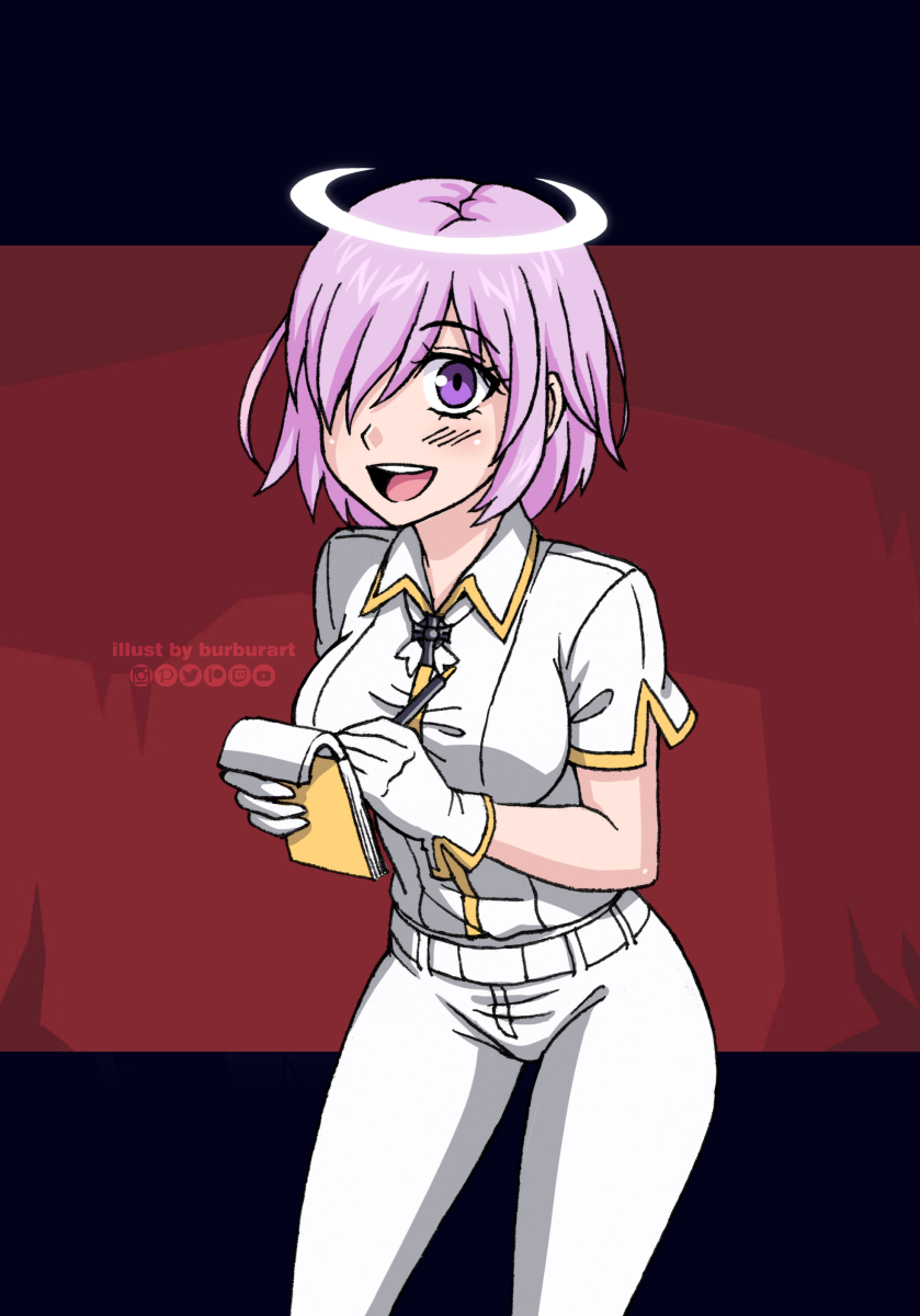 1girl, :d, alternate_costume, artist_name, azazel_(helltaker), azazel_(helltaker)_(cosplay), burbur, character_name