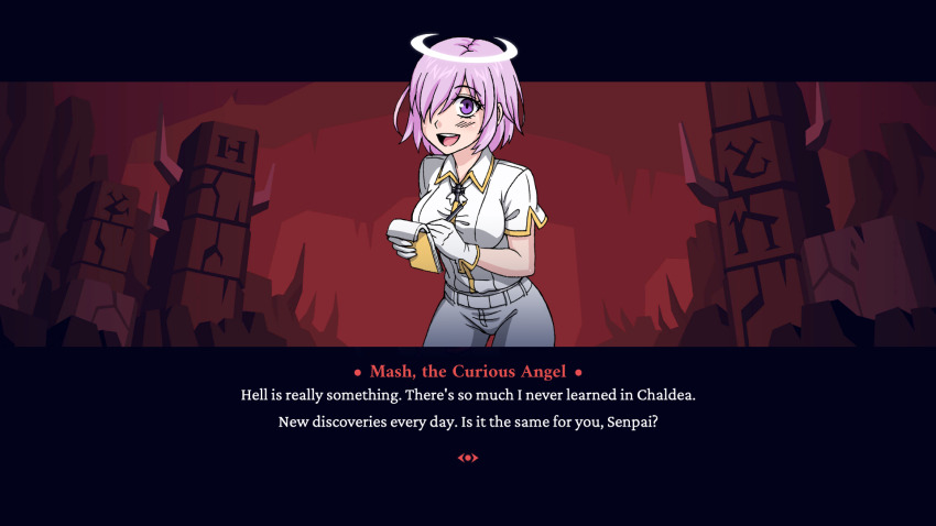 1girl, :d, alternate_costume, azazel_(helltaker), azazel_(helltaker)_(cosplay), burbur, character_name, commentary