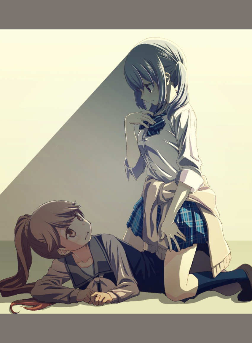 2girls, blue_hair, blue_neckwear, blue_skirt, bow, bowtie, brown_eyes, brown_footwear