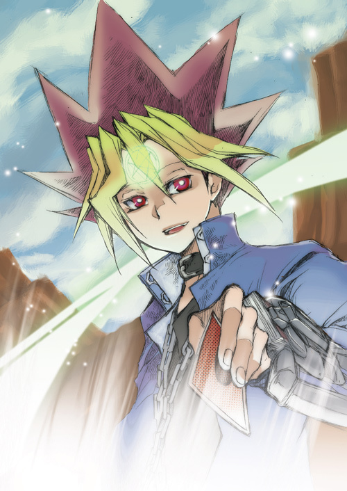 1boy, black_collar, black_shirt, blonde_hair, blue_jacket, canyon, card, chain