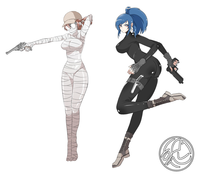 2girls, absurdres, arms_up, bad_id, bad_pixiv_id, bandages, black_suit, blue_eyes