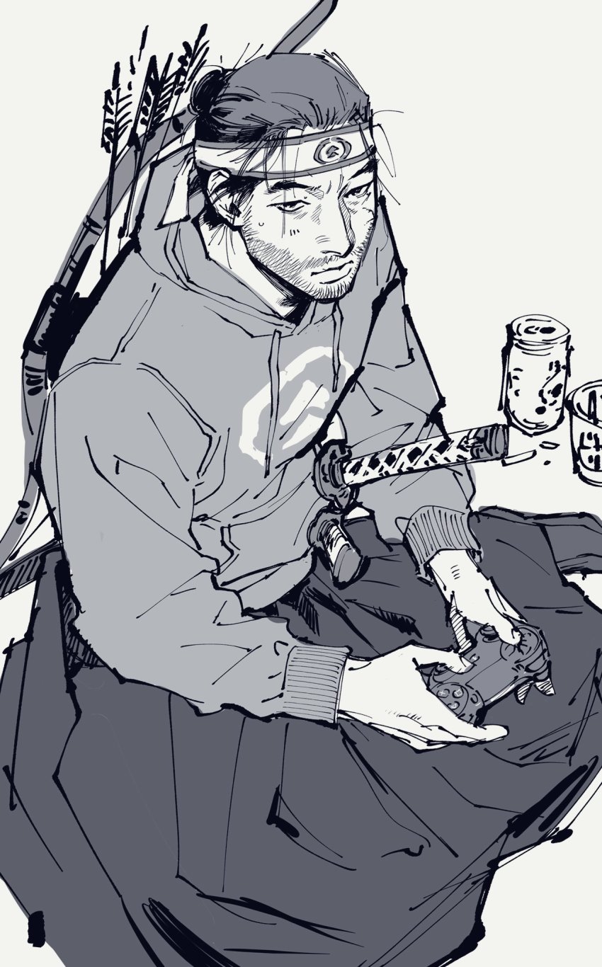 1boy, arrow_(projectile), bow_(weapon), can, controller, facial_hair, full_body, game_controller