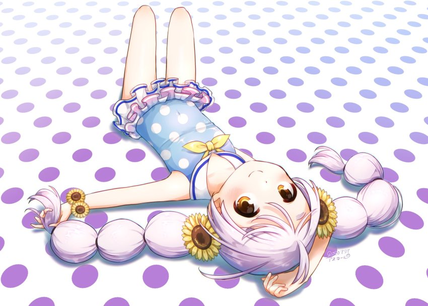 1girl, 2020, alternate_costume, alternate_hairstyle, arm_behind_head, artist_name, asukaru_(magika_ru), bare_arms, bare_legs, blue_one-piece_swimsuit, blush, braid, closed_mouth, collarbone, commentary_request, dated, dot_nose, flower, frilled_one-piece_swimsuit, frills, from_above, full_body, gradient_background, hair_flower, hair_ornament, hand_rest, happy, highres, legs_up, looking_at_viewer, looking_up, lying, magia_record:_mahou_shoujo_madoka_magica_gaiden, mahou_shoujo_madoka_magica, mahou_shoujo_madoka_magica:_hangyaku_no_monogatari, momoe_nagisa, momoe_nagisa_(swimsuit_costume), neckerchief, official_alternate_hairstyle, on_back, one-piece_swimsuit, outstretched_arm, polka_dot, polka_dot_background, polka_dot_swimsuit, sailor_collar, shadow, shiny_skin, simple_background, smile, solo, sunflower, swimsuit, twin_braids, upside-down, white_background, white_hair, white_sailor_collar, wrist_flower, yellow_eyes, yellow_flower, yellow_neckerchief