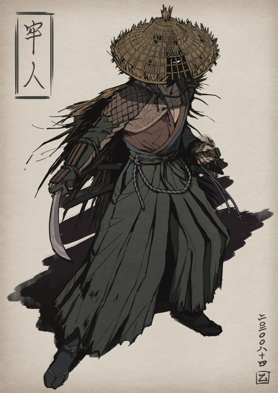1boy, armor, blue_kimono, cape, eyes_in_shadow, fighting_stance, full_body, ghost_of_tsushima, green_hakama, hakama, hakama_pants, hat, hat_over_one_eye, holding, holding_sheath, holding_sword, holding_weapon, japanese_armor, japanese_clothes, katana, kimono, kizdollark, kote, looking_at_viewer, male_focus, multicolored_kimono, outstretched_arm, pants, red_kimono, roningasa, ryuzo_(ghost_of_tsushima), samurai, sandals, scabbard, sheath, shoulder_armor, simple_background, solo, standing, straw_hat, sword, tabi, weapon, white_background