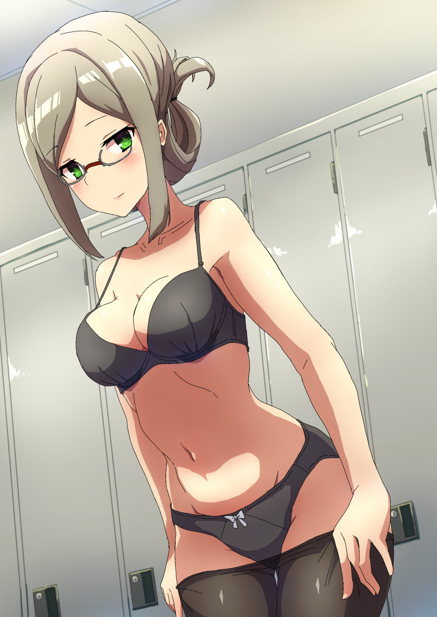 1girl, black_bra, black_panties, black_pantyhose, blush, bra, breasts, cleavage, closed_mouth, clothes_pull, comala_(komma_la), folded_ponytail, glasses, green_eyes, grey_hair, highres, indoors, kantai_collection, katori_(kancolle), large_breasts, locker, locker_room, panties, pantyhose, pantyhose_pull, ponytail, solo, underwear, undressing