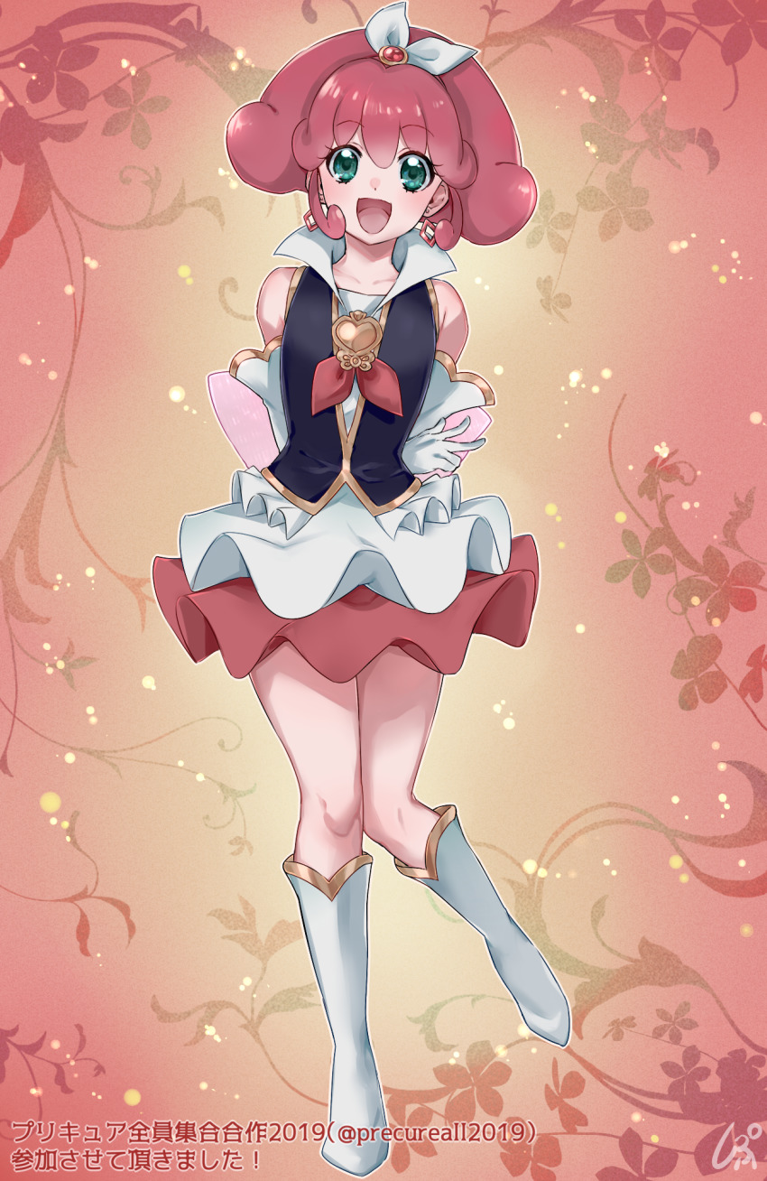 1girl, :d, arms_behind_back, black_vest, blush, boots, bow, brooch