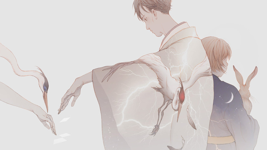 2boys, age_difference, animal, back-to-back, bird, blue_kimono, brown_hair, closed_mouth