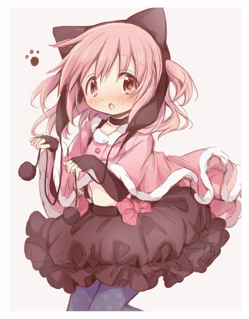 1girl, :o, alternate_color, alternate_hairstyle, animal_ears, bad_id, bad_twitter_id, beige_background, black_choker, black_gloves, black_neckwear, black_pantyhose, blush, border, brown_hat, brown_skirt, bubble_skirt, capelet, choker, collarbone, cosplay, dot_nose, eyes_visible_through_hair, fake_animal_ears, fingerless_gloves, flat_chest, floating_hair, frilled_skirt, frills, fur-trimmed_capelet, fur_trim, gloves, hair_down, hands_up, hat, highres, hitode, kaname_madoka, legs_together, mahou_shoujo_madoka_magica, mahou_shoujo_madoka_magica:_hangyaku_no_monogatari, medium_hair, midriff, momoe_nagisa, momoe_nagisa_(cosplay), momoe_nagisa_(magical_girl), open_mouth, pantyhose, pink_capelet, pink_eyes, pink_hair, pink_ribbon, polka_dot, polka_dot_legwear, pom_pom_(clothes), ribbon, simple_background, skirt, solo, standing, tareme, two_side_up, upper_body, white_border