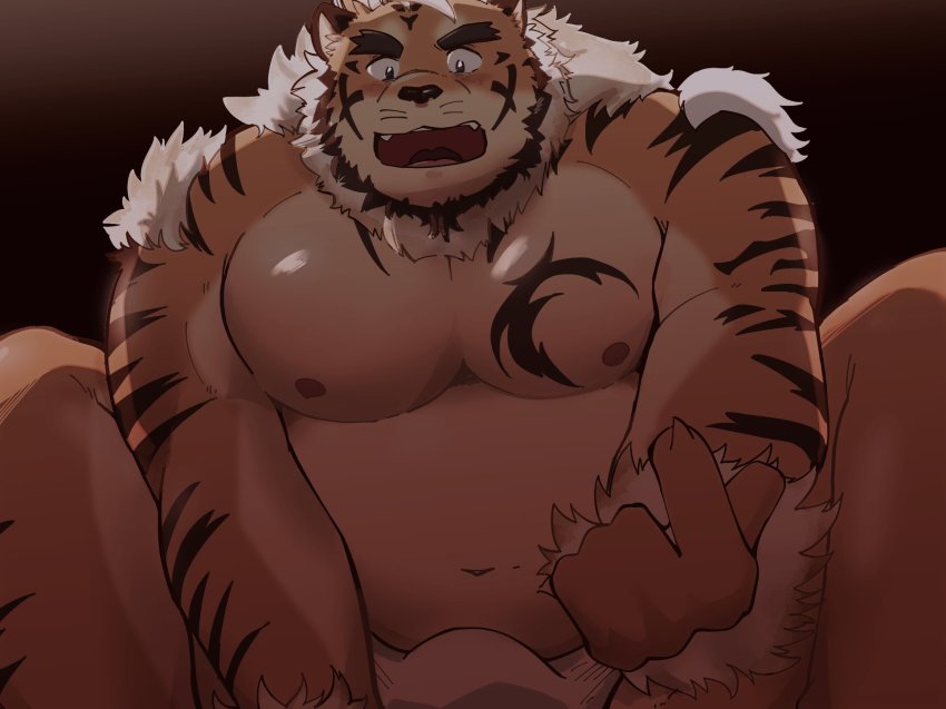 1boy, bara, blue_eyes, blush, bulge, facial_hair, furry, furry_male