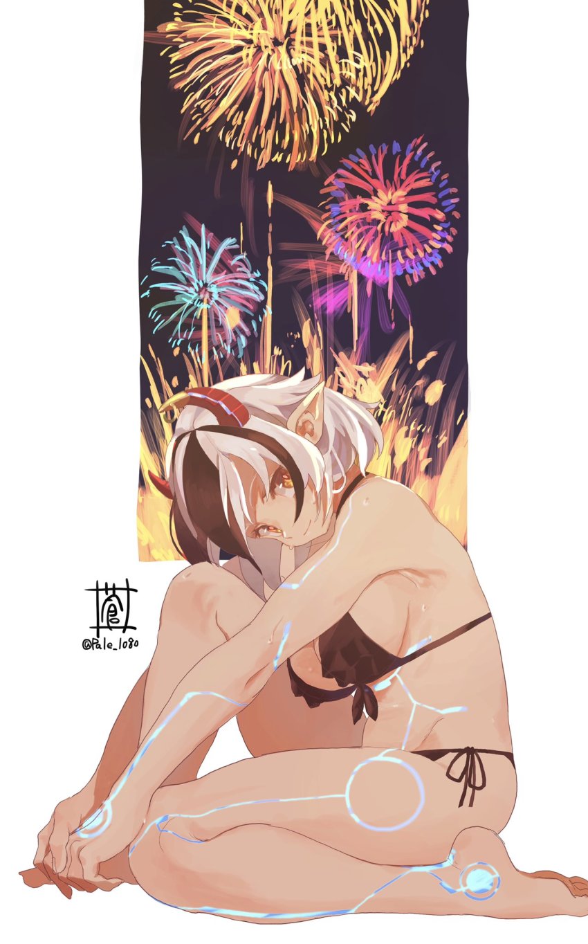 1girl, aged_up, bikini, black_bikini, black_hair, breasts, crossette_(xenoblade), fireworks, highres, horns, large_breasts, looking_at_viewer, looking_to_the_side, multicolored_hair, nintendo, orange_eyes, pointy_ears, side-tie_bikini_bottom, smile, sou_(pale_1080), sweat, swimsuit, tagme, wet, white_hair, xenoblade_chronicles_(series), xenoblade_chronicles_2