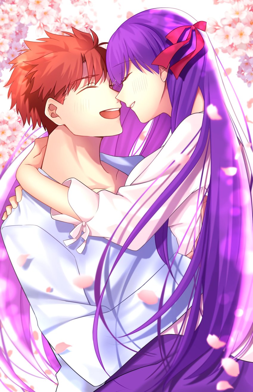 1boy, 1girl, absurdres, arms_around_neck, cherry_blossoms, couple, emiya_shirou, emiya_shirou_(heaven's_feel)