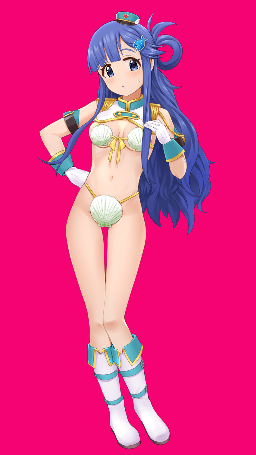 1girl, asari_nanami, bikini, blue_eyes, blue_hair, blush, boots, breasts, detached_collar, fish_hair_ornament, full_body, gloves, groin, hair_ornament, hair_rings, hairclip, hat, highres, idol, idolmaster, idolmaster_cinderella_girls, long_hair, medium_breasts, navel, nutsiqu, open_mouth, shell, shell_bikini, solo, standing, very_long_hair, wavy_hair, white_gloves, wrist_cuffs