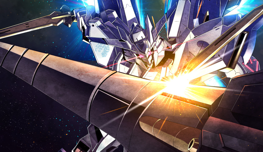 dual_wielding, fighting, glowing, glowing_eyes, gundam, gundam_bael, gundam_kimaris_vidar, gundam_tekketsu_no_orphans