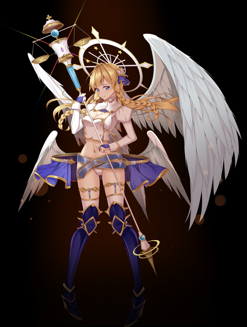 1girl, absurdres, angel_wings, anklet, armored_boots, aselica, belt, black_background, blonde_hair, blue_boots, blue_eyes, boots, braid, breasts, cleavage, crop_top, feathered_wings, floating_hair, full_body, gradient_background, hair_ornament, halo, highres, holding, jewelry, juliet_sleeves, king's_raid, koyaya, long_hair, long_sleeves, looking_at_viewer, medium_breasts, midriff, navel, panties, puffy_sleeves, revealing_clothes, shirt, smile, solo, staff, stomach, thigh_boots, thighhighs, thighs, twin_braids, underwear, white_panties, white_shirt, wings