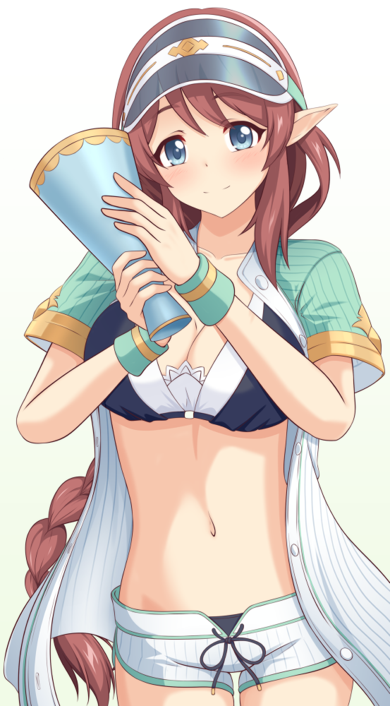 1girl, bikini, black_bikini, blue_eyes, blue_hat, blush, braid, breasts