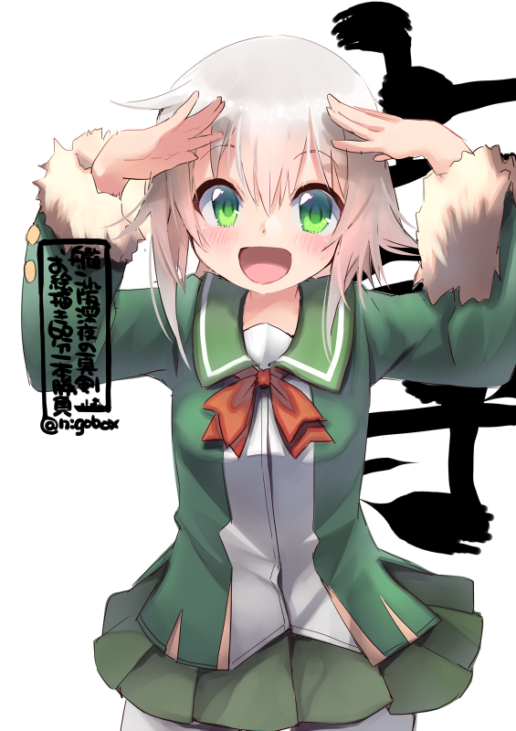 1girl, text_background, commentary_request, fur-trimmed_sleeves, fur_trim, green_eyes, green_jacket, green_sailor_collar