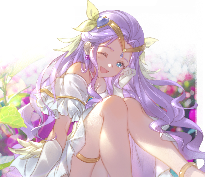 1girl, ;d, blue_eyes, blush, commentary_request, cure_earth, earrings, flower