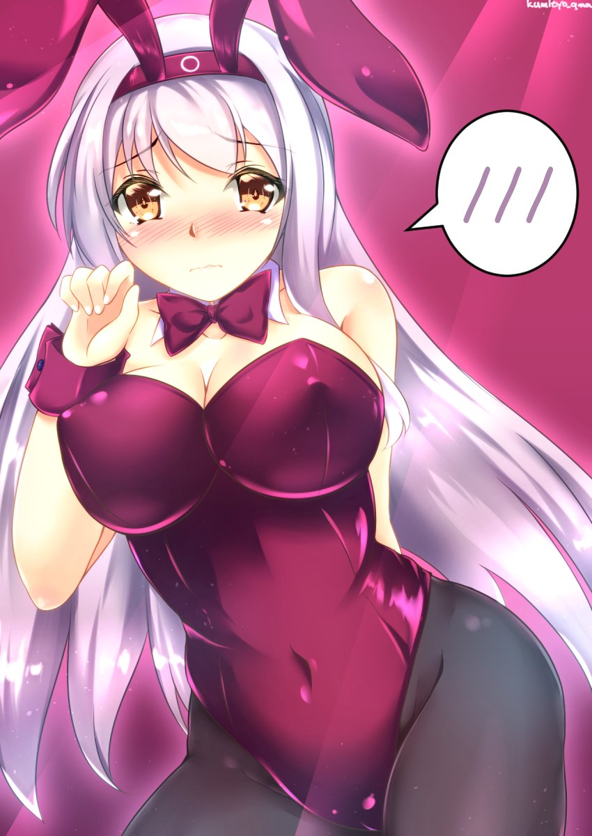 1girl, animal_ears, artist_name, black_pantyhose, blush, bow, bowtie, breasts