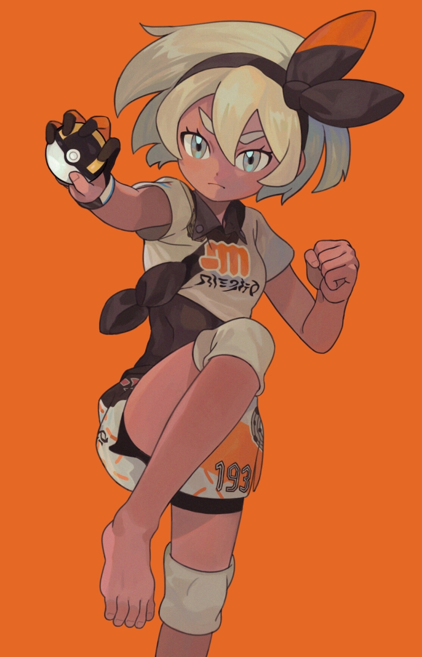 1girl, barefoot, bea_(pokemon), black_bodysuit, black_hairband, blonde_hair, bodysuit, bodysuit_under_clothes, clenched_hand, closed_mouth, collared_shirt, commentary_request, dark-skinned_female, dark_skin, dynamax_band, eyelashes, gloves, grey_eyes, gym_leader, hair_between_eyes, hairband, highres, holding, holding_poke_ball, knee_pads, momoya_(likeart_8462), nintendo, orange_background, poke_ball, pokemon, pokemon_sword_and_shield, print_shirt, print_shorts, shirt, short_hair, short_sleeves, shorts, single_glove, solo, standing, standing_on_one_leg, tied_shirt, toes, ultra_ball
