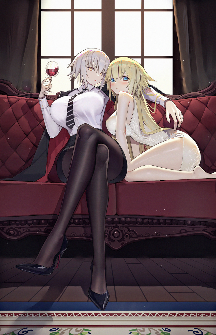 2girls, absurdres, alcohol, bare_shoulders, black_footwear, black_jacket, black_legwear, black_skirt