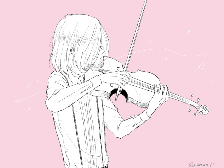 1boy, collared_shirt, hair_over_eyes, instrument, kou_(coo00), male_focus, monochrome, music, musical_note, pink_background, playing_instrument, shirt, suspenders, violin, bow_(music), yuri!!!_on_ice, yuri_plisetsky