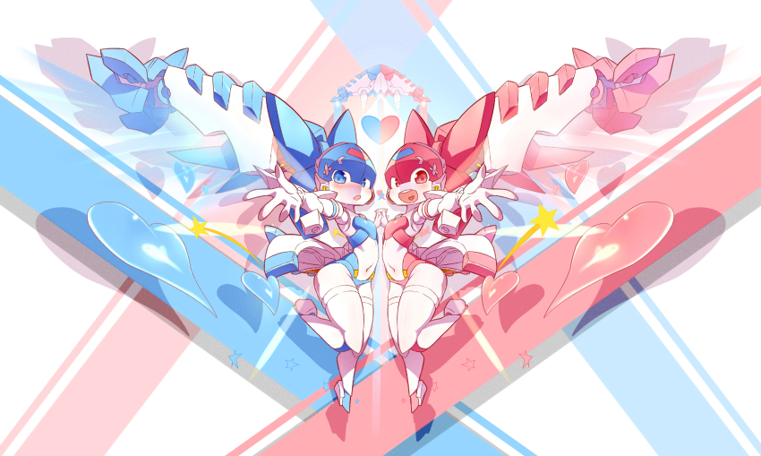 2girls, absurdres, big_firebird_toys, bingshan, blue_eyes, blue_gemini_wing, flat_chest, heart, highres, holding_hands, magic_henshin, multiple_girls, navel, no_humans, non-humanoid_robot, official_art, open_mouth, pink_eyes, pink_gemini_wing, robot