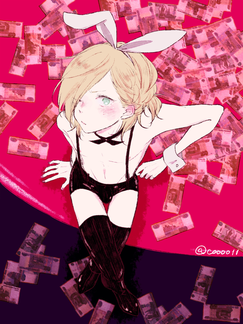 1boy, animal_ears, black_legwear, blonde_hair, blush, rabbit_ears, eyes_visible_through_hair, fake_animal_ears, from_above, green_eyes, hair_over_one_eye, highres, kou_(coo00), crossed_legs, male_focus, male_playboy_bunny, money, nipples, one_eye_closed, short_shorts, shorts, sitting, suspender_shorts, suspenders, thighhighs, twitter_username, wrist_cuffs, yuri!!!_on_ice, yuri_plisetsky