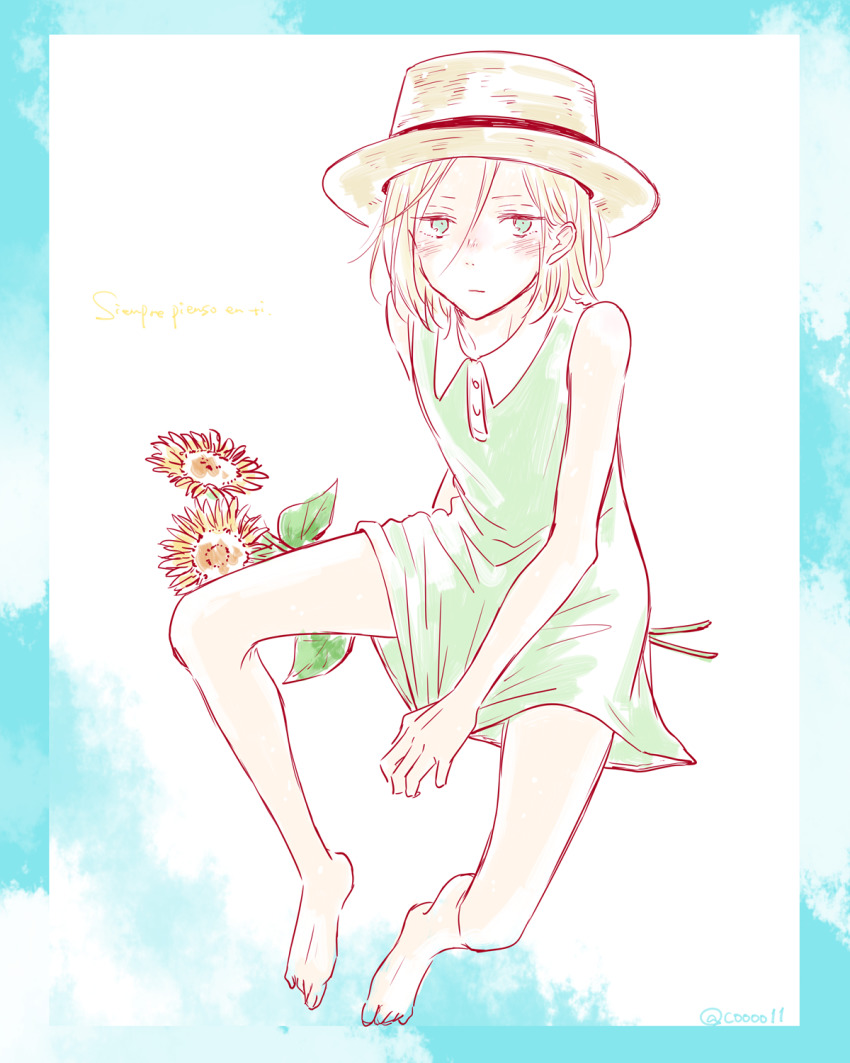 1boy, barefoot, blonde_hair, blush, crossdressing, crossdressing_(mtf), dress, flower, green_eyes, hat, highres, kou_(coo00), male_focus, sitting, straw_hat, sunflower, trap, yuri!!!_on_ice, yuri_plisetsky