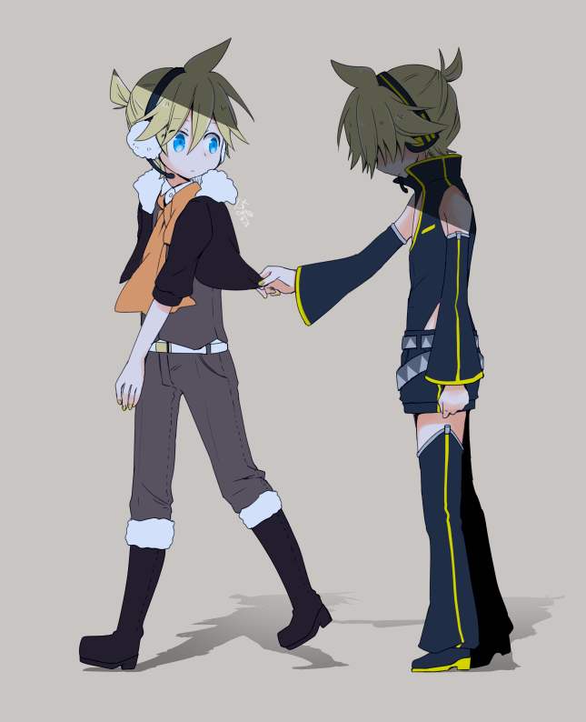 2boys, asymmetry_(module), belt, black_legwear, black_pants, black_shirt, blonde_hair, blue_eyes, boots, commentary, dual_persona, earmuffs, fur-trimmed_boots, fur-trimmed_jacket, fur_trim, head_down, headphones, headset, ichiha_(18o_o81), jacket, kagamine_len, kagamine_len_(asymmetry_l), kagamine_len_(punkish), knee_boots, looking_at_another, looking_back, male_focus, multiple_boys, neckerchief, orange_neckerchief, pants, ponytail, project_diva_(series), shadow, shirt, shirt_tug, short_ponytail, short_shorts, shorts, spiked_hair, untranslatable_commentary, thighhighs, tug, vocaloid, waist_cutout