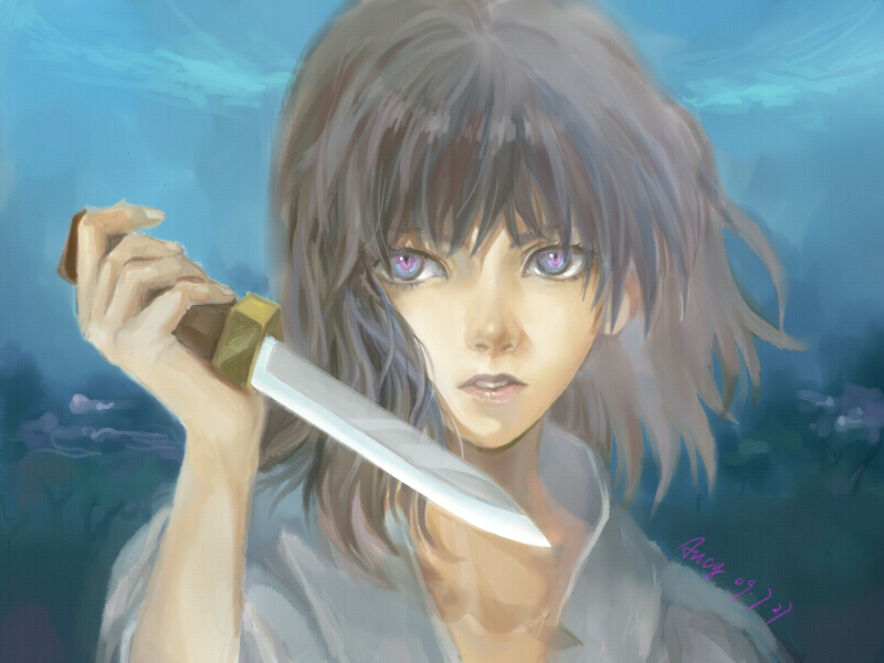 1girl, avicy, bad_id, bad_pixiv_id, black_hair, blue_eyes, female_focus, japanese_clothes, kara_no_kyoukai, kimono, knife, night, open_mouth, purple_eyes, realistic, reverse_grip, ryougi_shiki, short_hair, signature, solo, teeth