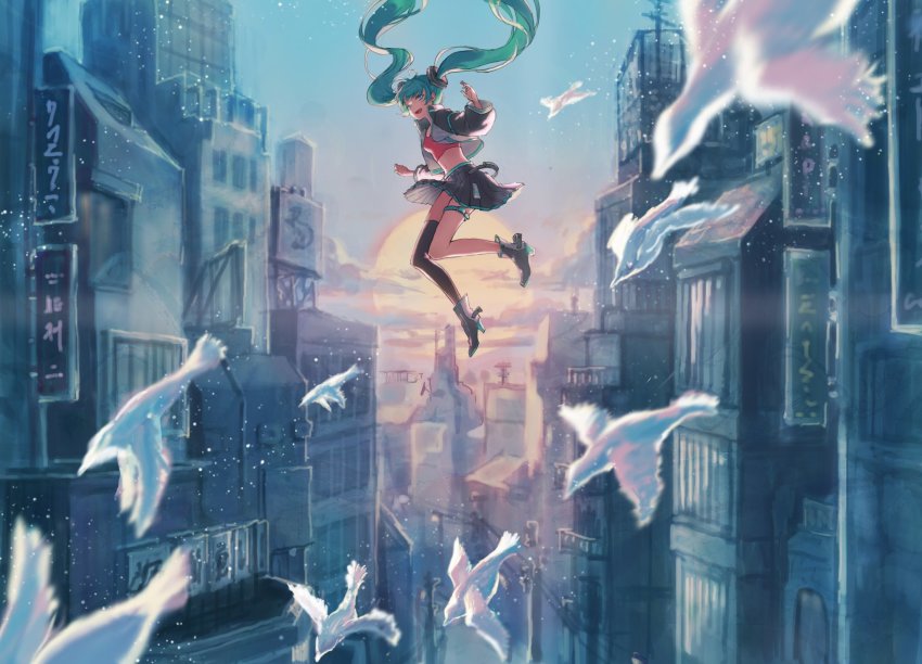 1girl, akizakura_mns, bird, black_boots, black_skirt, black_sleeves, black_thighhighs, boots