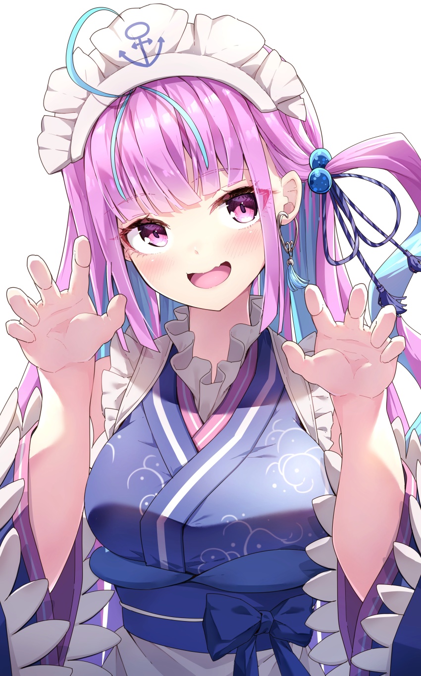 1girl, :d, absurdres, anchor, apron, blue_bow, blue_hair, blue_kimono