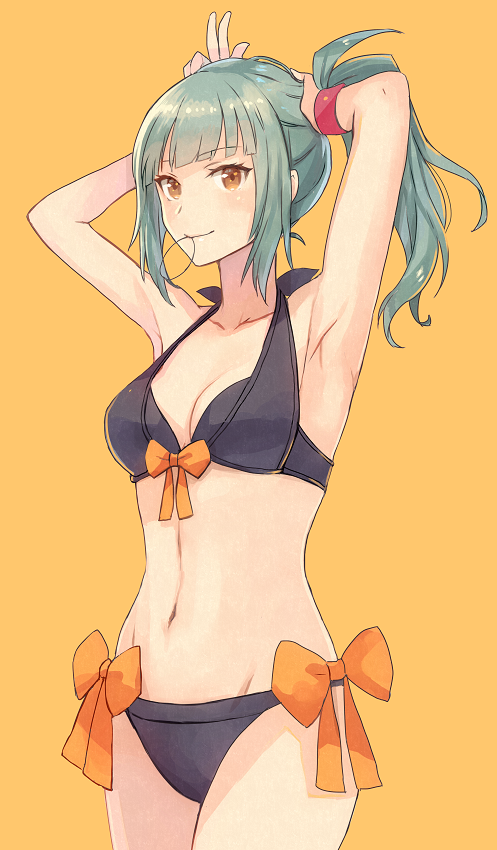 1girl, armpits, bikini, black_bikini, blush, brown_eyes, closed_mouth, collarbone
