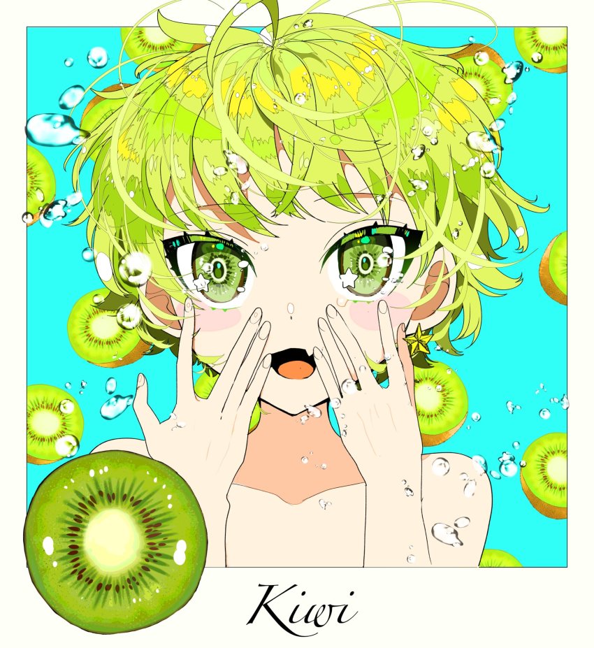 1girl, bare_shoulders, blue_background, blush, bubble, close-up, collarbone, earrings