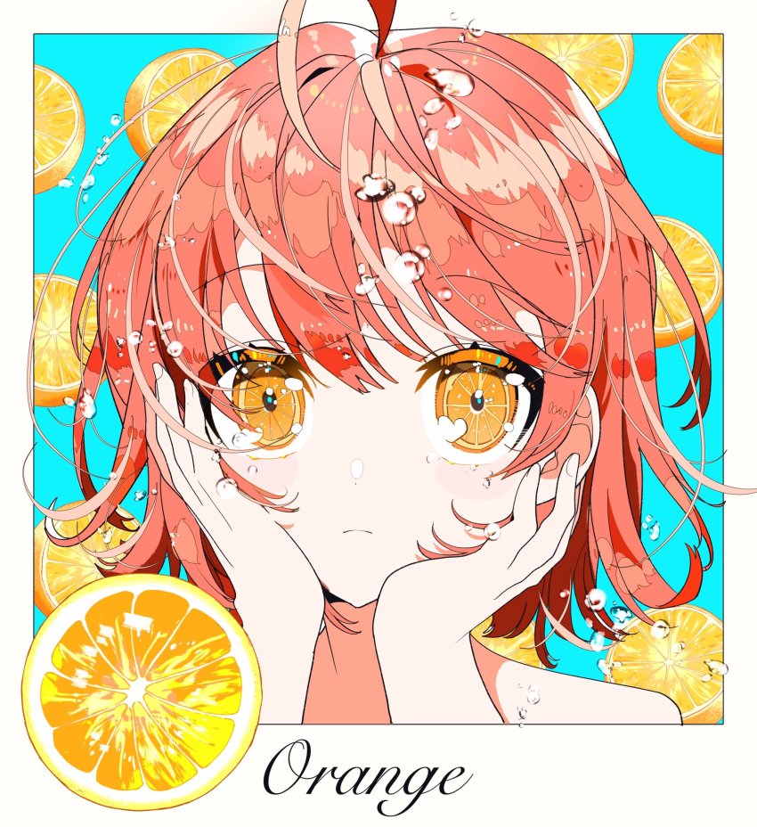 1girl, ahoge, blue_background, blush, bubble, close-up, closed_mouth, english_text, food, fruit, fruit_eyes, hands_on_own_face, highres, looking_at_viewer, orange_(fruit), orange_eyes, orange_slice, original, ouchi_kaeru, pink_hair, short_hair, solo, upper_body