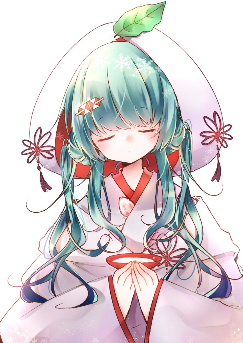 1girl, absurdres, amulet, aqua_hair, blush, commentary, cup, closed_eyes