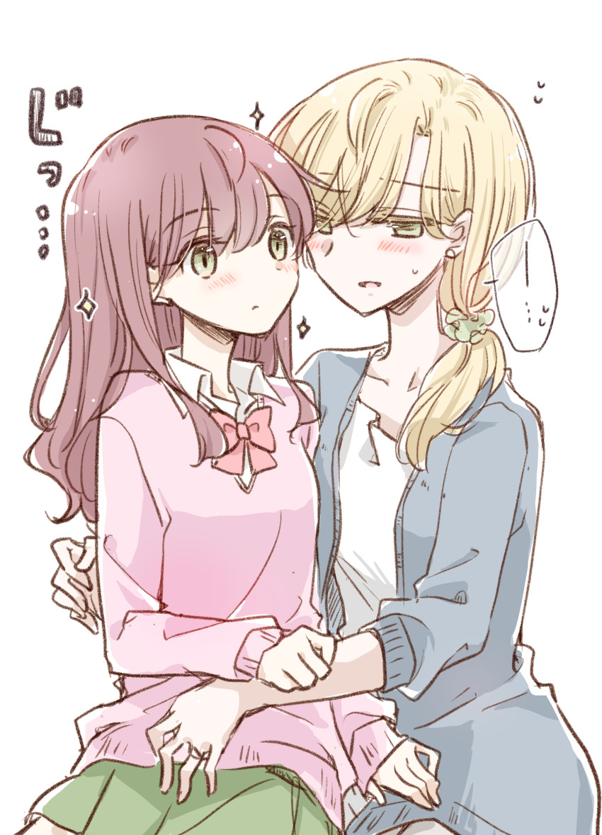 1_x_1/2, 2girls, absurdres, blonde_hair, blush, bow, bowtie, cardigan