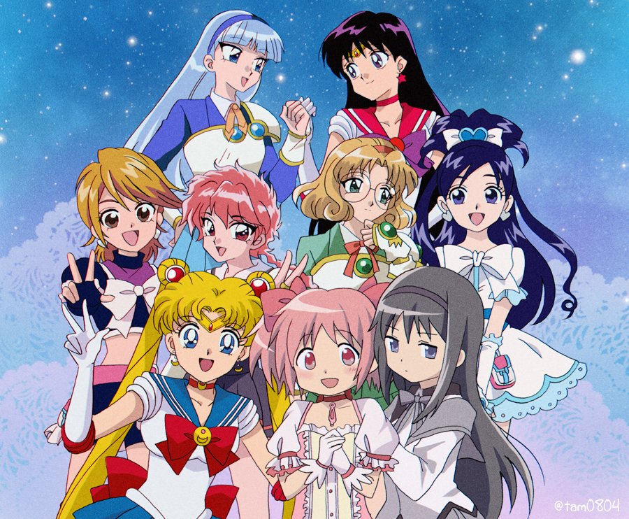 6+girls, :d, akemi_homura, akemi_homura_(magical_girl), arm_around_another's_waist, bishoujo_senshi_sailor_moon, black_eyes, black_gloves, black_hair, black_hairband, black_shirt, black_skirt, blonde_hair, blouse, blue_eyes, blue_hair, blue_hairband, blue_sailor_collar, blue_sky, blunt_bangs, bow, brown_eyes, brown_hair, capelet, choker, closed_mouth, company_connection, crescent_choker, crossover, cure_black, cure_white, detached_sleeves, doily, double_bun, dress, earrings, elbow_gloves, fingerless_gloves, fist_bump, frilled_dress, frilled_skirt, frilled_sleeves, frills, futari_wa_precure, glasses, gloves, grey_capelet, grey_neckwear, grey_shirt, hair_bow, hair_bun, hair_ornament, hairband, half_updo, hands_on_another's_back, heart, heart_earrings, heroes'_gallery, hino_rei, jewelry, kaname_madoka, kaname_madoka_(magical_girl), leotard, light_frown, long_hair, long_sleeves, magical_girl, mahou_shoujo_madoka_magica, mahou_shoujo_madoka_magica_(anime), medium_hair, midriff_peek, miniskirt, misumi_nagisa, multiple_crossover, multiple_girls, neck_ribbon, open_mouth, own_hands_together, parted_bangs, pink_bow, pink_dress, pink_eyes, pink_gloves, pink_hair, precure, puffy_short_sleeves, puffy_sleeves, purple_bow, purple_eyes, red_choker, red_eyes, red_hair, red_hairband, red_sailor_collar, ribbon, round_eyewear, sailor_collar, sailor_mars, sailor_moon, shaft_(company), shirt, short_dress, short_hair, short_sleeves, short_twintails, skirt, sky, smile, star_(sky), star_(symbol), star_earrings, starry_sky, straight_hair, swept_bangs, tam_(tam0804), tiara, toei_company, trait_connection, tsukino_usagi, twintails, twitter_username, very_long_hair, voice_actor_connection, w, white_bow, white_dress, white_gloves, white_leotard, white_sleeves, yukishiro_honoka