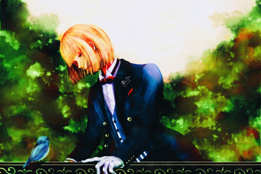 1boy, bird, blonde_hair, blue_suit, blue_vest, bluebird, blurry, blurry_background