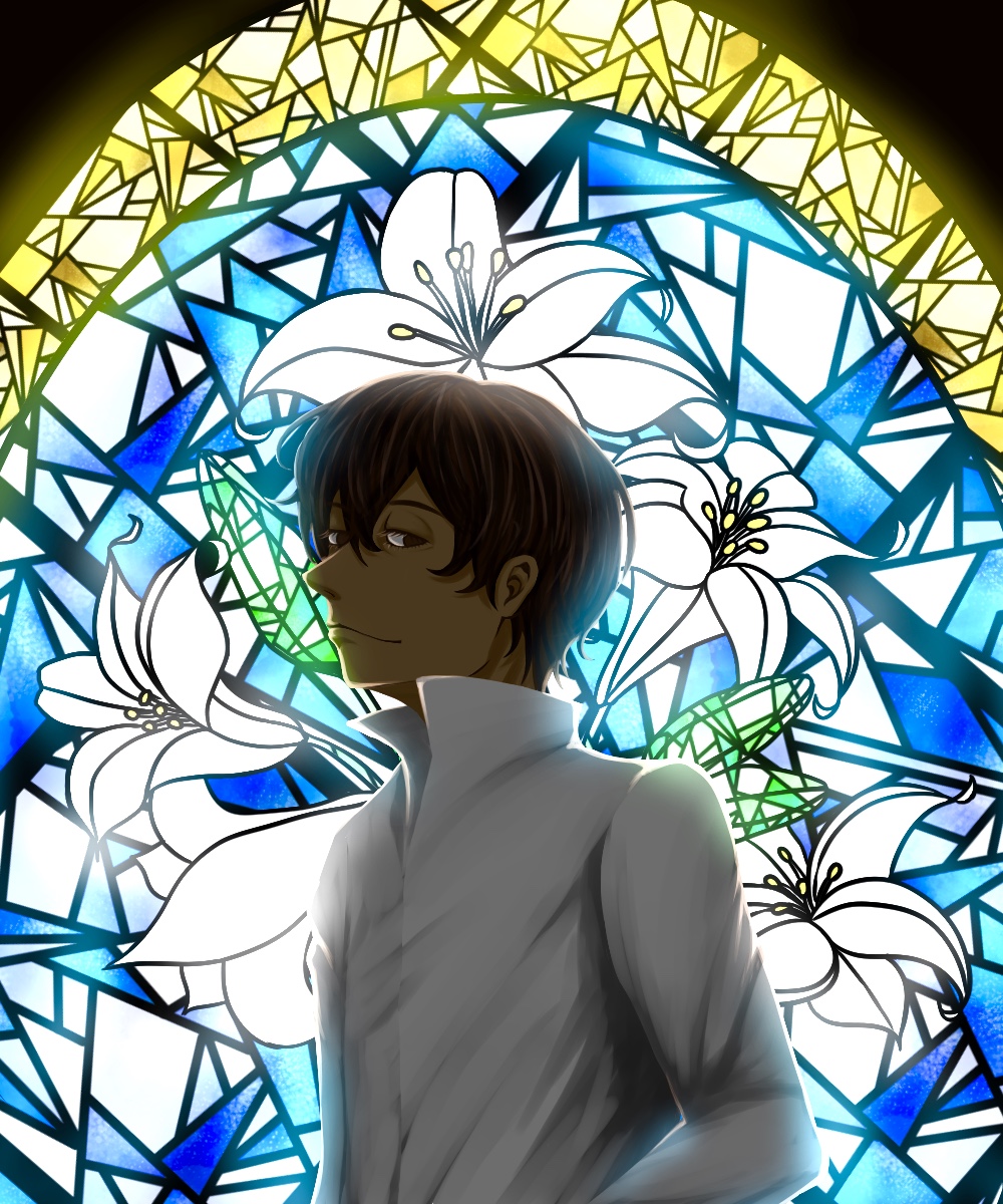 1boy, acca_13-ku_kansatsu-ka, brown_eyes, brown_hair, dark_skin, dark-skinned_male, highres, indoors, lilium_(acca), male_focus, oyakatahonmaru, shirt, solo, stained_glass, upper_body, white_shirt