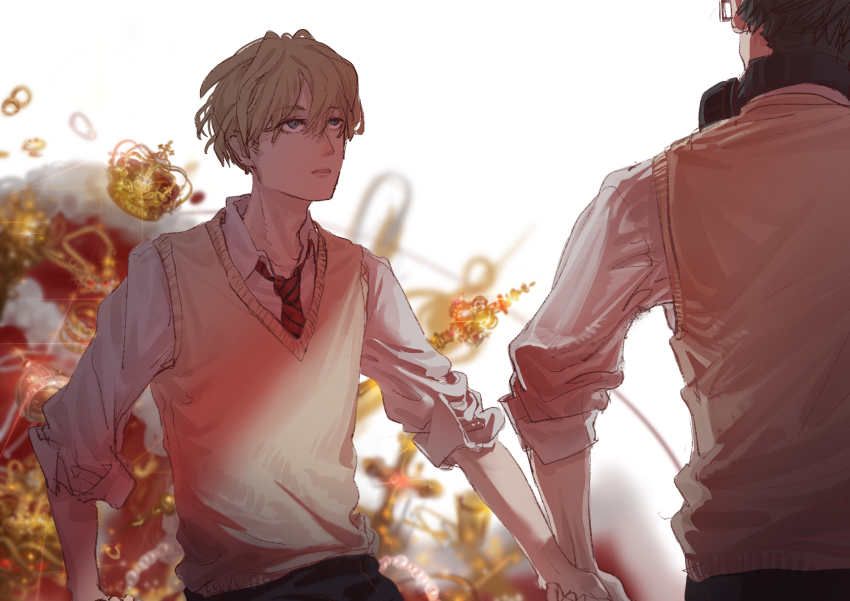 2boys, absurdres, acca_13-ku_kansatsu-ka, blonde_hair, blue_eyes, blurry, blurry_background, cross
