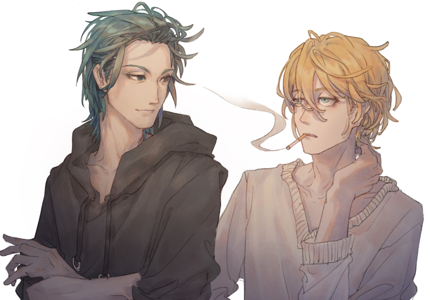 2boys, acca_13-ku_kansatsu-ka, black_hoodie, blonde_hair, blue_eyes, blue_hair, cigarette, crossed_arms
