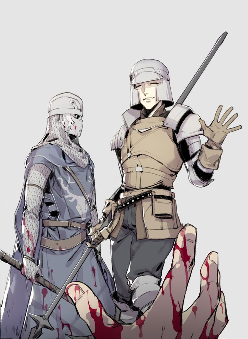 2boys, =_=, armor, armored_boots, axe, bad_id, bad_twitter_id, belt, black_pants, blood, blood_on_clothes, blood_on_hands, boots, brown_gloves, chainmail, creighton_of_mirrah, dark_souls_(series), dark_souls_ii, dying, feet_out_of_frame, gloves, grey_background, grin, helmet, holding, holding_axe, holding_polearm, holding_spear, holding_weapon, hood, krab_(fumekrab), looking_at_viewer, looking_down, male_focus, mask, multiple_boys, open_mouth, pants, pate_(dark_souls_ii), pauldrons, polearm, pouch, pov, pov_hands, short_hair, shoulder_armor, simple_background, smile, spear, surcoat, waving, weapon, white_hair