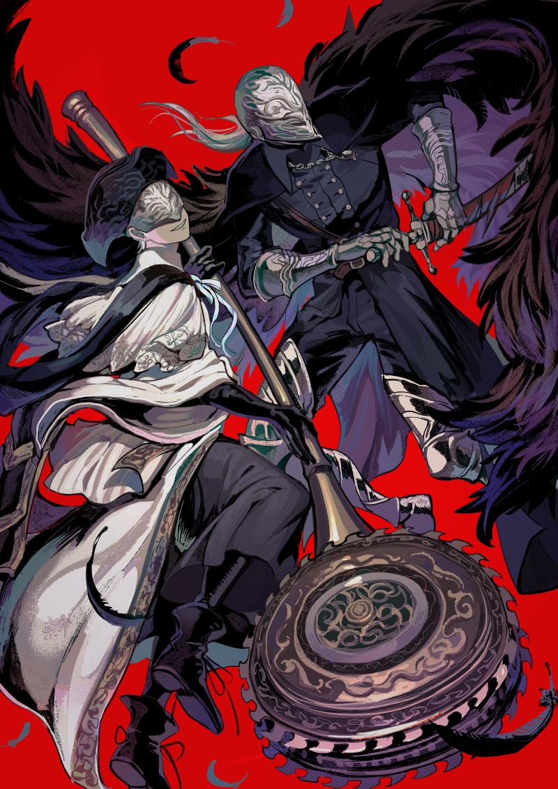 1boy, 1girl, armor, armored_boots, black_cloak, black_coat, black_dress, black_feathers