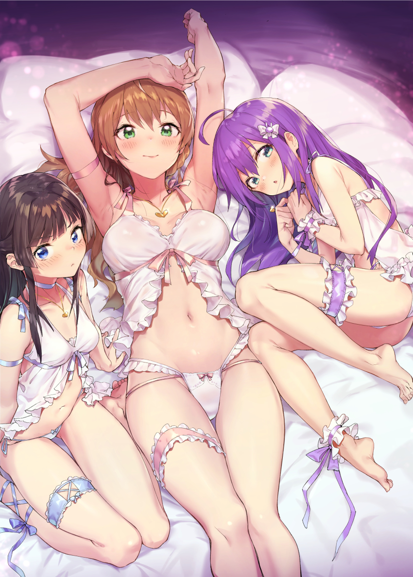 3girls, :<, :o, absurdres, ahoge, alternate_hairstyle, ankle_cuffs, ankle_lace-up, aqua_eyes, arm_ribbon, armpits, arms_up, babydoll, bare_arms, bare_legs, bare_shoulders, barefoot, bed_sheet, black_hair, blue_bow, blue_choker, blue_eyes, blue_ribbon, blunt_bangs, blush, bow, bow_panties, braid, breasts, breasts_apart, brown_hair, choker, closed_mouth, collarbone, commentary_request, feet, feet_out_of_frame, frilled_babydoll, frilled_panties, frilled_thigh_strap, frills, from_above, green_eyes, groin, hair_between_eyes, hair_bow, hair_down, hand_on_own_head, hands_up, heart, heart_pendant, highres, idolmaster, idolmaster_million_live!, idolmaster_million_live!_theater_days, jewelry, light_particles, lingerie, loli, long_hair, looking_at_viewer, looking_up, lying, medium_breasts, mochizuki_anna, mogami_shizuka, multi-strapped_panties, multiple_girls, navel, necklace, on_back, on_side, outstretched_arm, panties, parted_lips, pendant, pillow, pink_bow, pink_ribbon, purple_hair, purple_ribbon, ribbon, sakuramori_kaori, seiza, shennai_misha, sidelocks, sitting, small_breasts, smile, stomach, string_panties, thigh_gap, thigh_strap, three_sisters_cafe_(idolmaster), toes, underwear, underwear_only, white_babydoll, white_bow, white_panties, wrist_cuffs