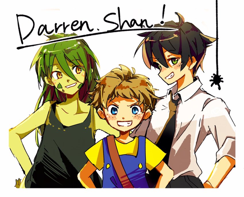 3boys, black_hair, blue_eyes, brown_hair, colored_skin, darren_shan, evra_von, freckles, green_eyes, green_hair, green_skin, highres, long_hair, monster_boy, multiple_boys, necktie, sam_grest, scales, short_hair, smile, suspenders, tank_top, the_saga_of_darren_shan, yellow_eyes
