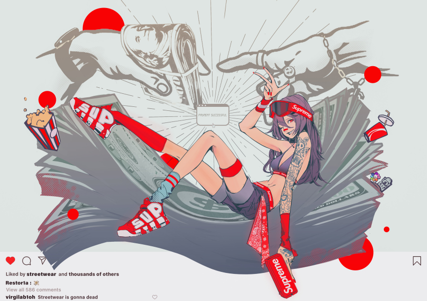 1girl, absurdres, arm_tattoo, asymmetrical_legwear, bikini, bikini_top_only, black_hair, cash_cannon