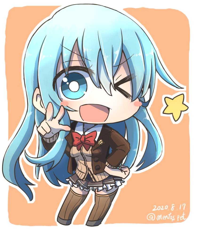 1girl, aoba_(akibajun), aqua_eyes, aqua_hair, border, brown_thighhighs, cardigan, chibi, commentary_request, hair_ornament, hairclip, highres, jacket, kantai_collection, long_hair, looking_at_viewer, one_eye_closed, orange_background, orange_neckwear, pleated_skirt, school_uniform, skirt, smile, solo, standing, suzuya_(kancolle), suzuya_kai_ni_(kancolle), thighhighs, two-tone_background, v, vest, white_border